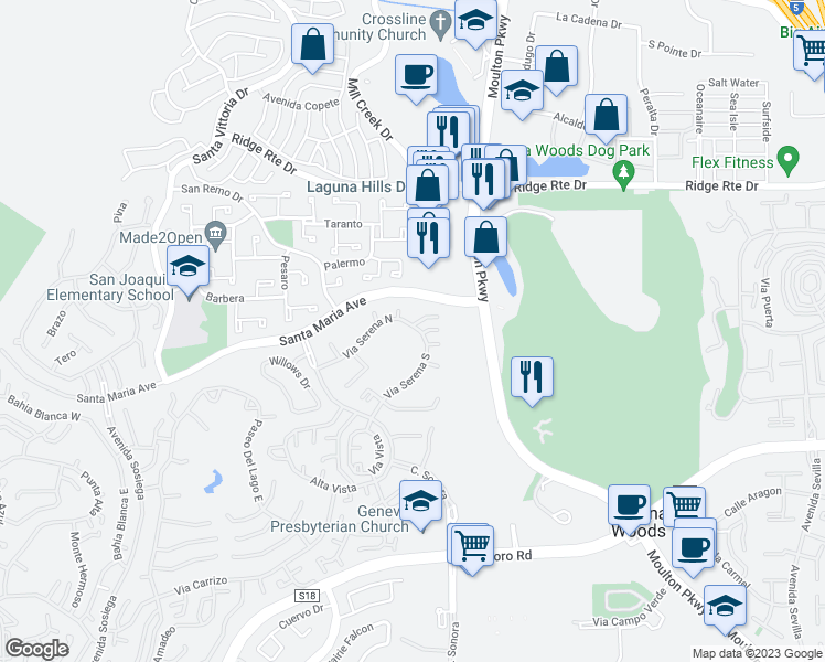 map of restaurants, bars, coffee shops, grocery stores, and more near 3110 Via Serena South in Laguna Woods