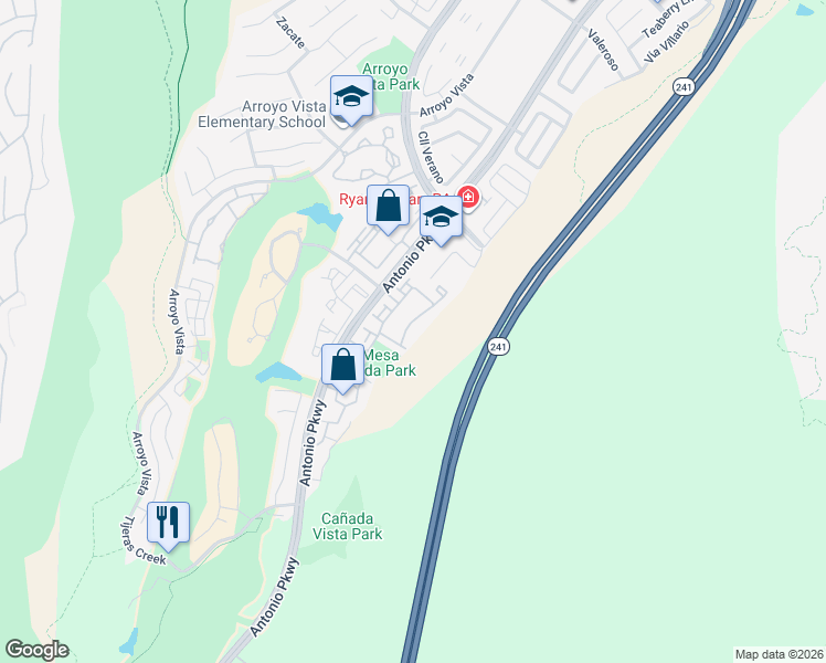 map of restaurants, bars, coffee shops, grocery stores, and more near 94 Rabano in Rancho Santa Margarita