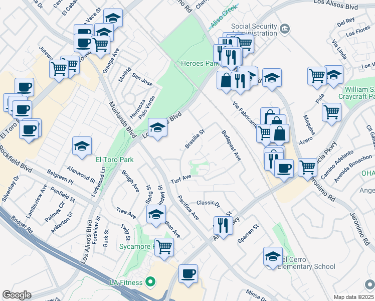 map of restaurants, bars, coffee shops, grocery stores, and more near 23802 Brasilia Street in Mission Viejo