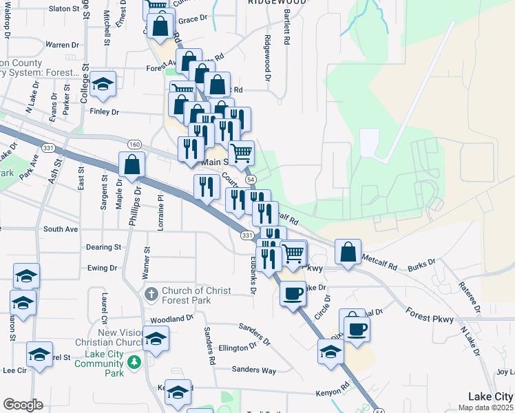 map of restaurants, bars, coffee shops, grocery stores, and more near 6431 Courtney Drive in Forest Park