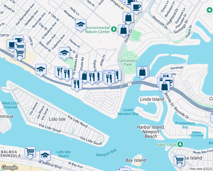 map of restaurants, bars, coffee shops, grocery stores, and more near 600 West Coast Highway in Newport Beach