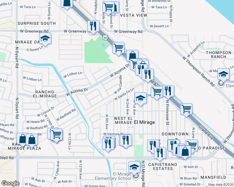 map of restaurants, bars, coffee shops, grocery stores, and more near 12466 West Via Camille in El Mirage