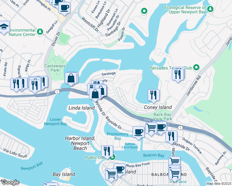 map of restaurants, bars, coffee shops, grocery stores, and more near 292 Mayflower Drive in Newport Beach