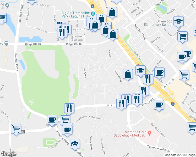 map of restaurants, bars, coffee shops, grocery stores, and more near 2178 Via Puerta in Laguna Woods