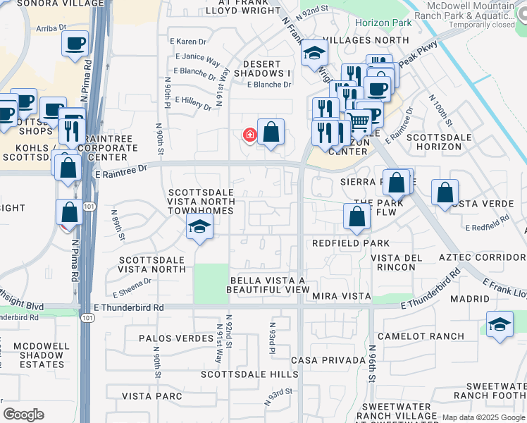 map of restaurants, bars, coffee shops, grocery stores, and more near 9340 East Redfield Road in Scottsdale