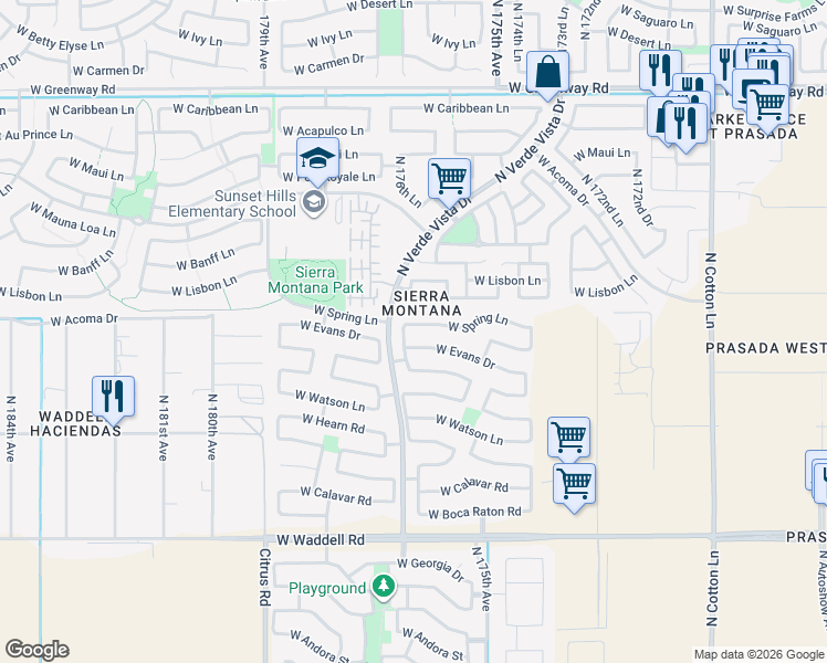 map of restaurants, bars, coffee shops, grocery stores, and more near 17635 West Spring Lane in Surprise