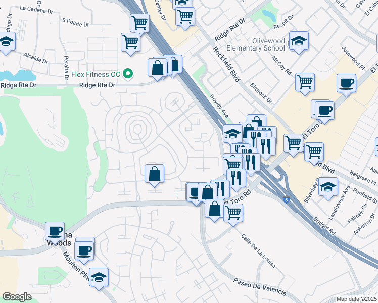 map of restaurants, bars, coffee shops, grocery stores, and more near 2105 Ronda Granada in Laguna Woods