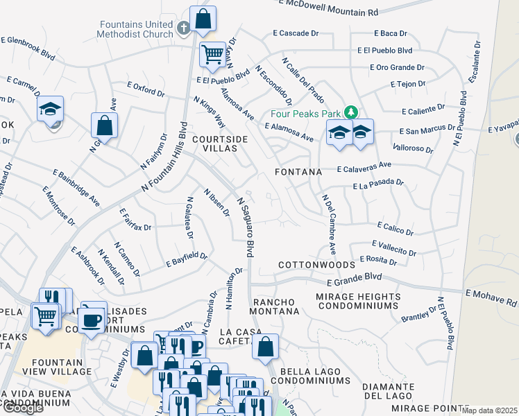 map of restaurants, bars, coffee shops, grocery stores, and more near 14258 North Boxwood Lane in Fountain Hills