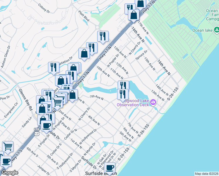 map of restaurants, bars, coffee shops, grocery stores, and more near 109 Harbor Lights Drive in Surfside Beach