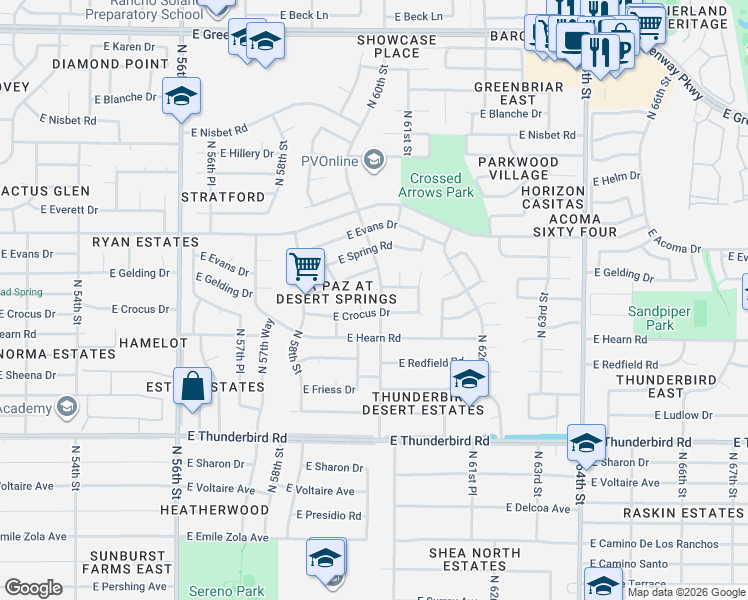 map of restaurants, bars, coffee shops, grocery stores, and more near 5913 East Gelding Drive in Scottsdale