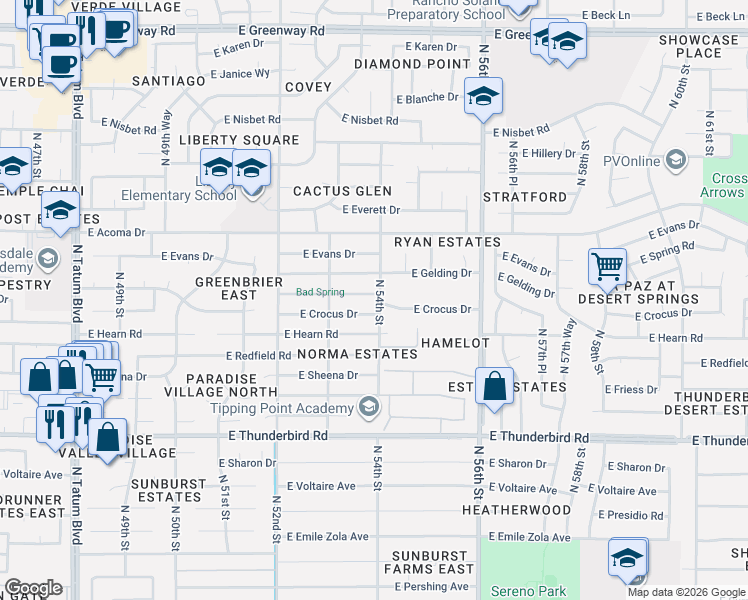 map of restaurants, bars, coffee shops, grocery stores, and more near 5402 East Crocus Drive in Scottsdale