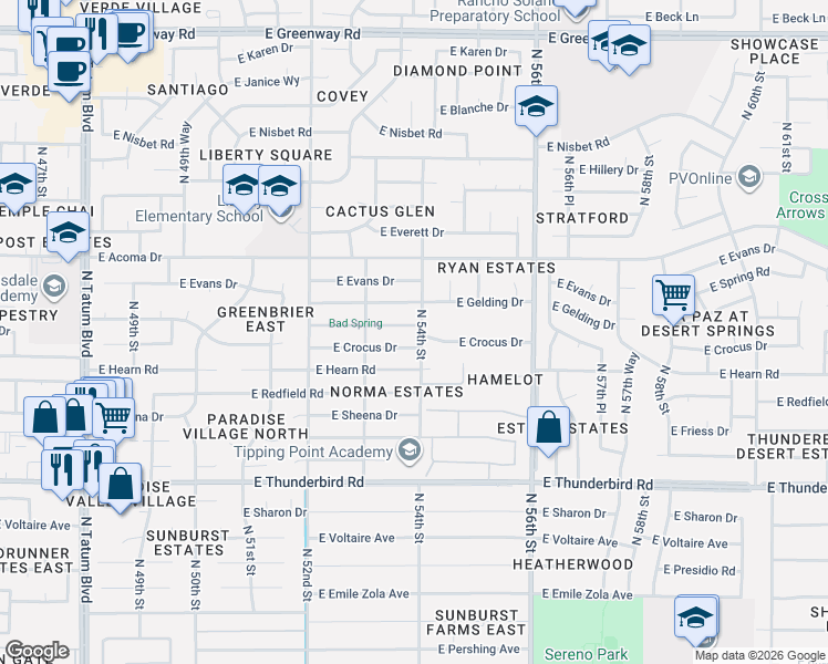 map of restaurants, bars, coffee shops, grocery stores, and more near 5402 East Crocus Drive in Scottsdale