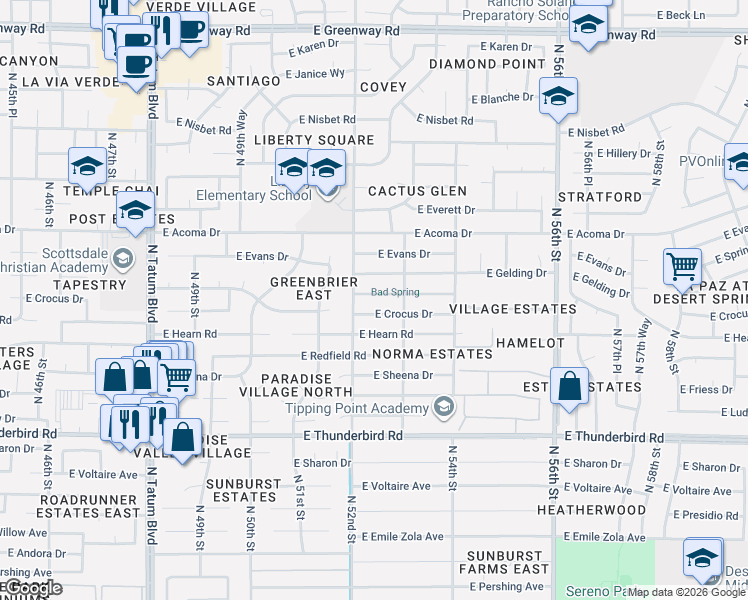map of restaurants, bars, coffee shops, grocery stores, and more near 5201 East Winchcomb Drive in Scottsdale