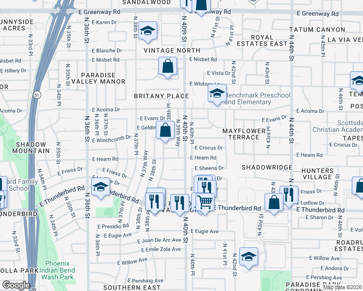 map of restaurants, bars, coffee shops, grocery stores, and more near 14225 North 39th Way in Phoenix