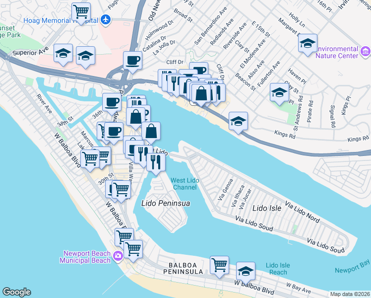 map of restaurants, bars, coffee shops, grocery stores, and more near 102 Via Lido Soud in Newport Beach