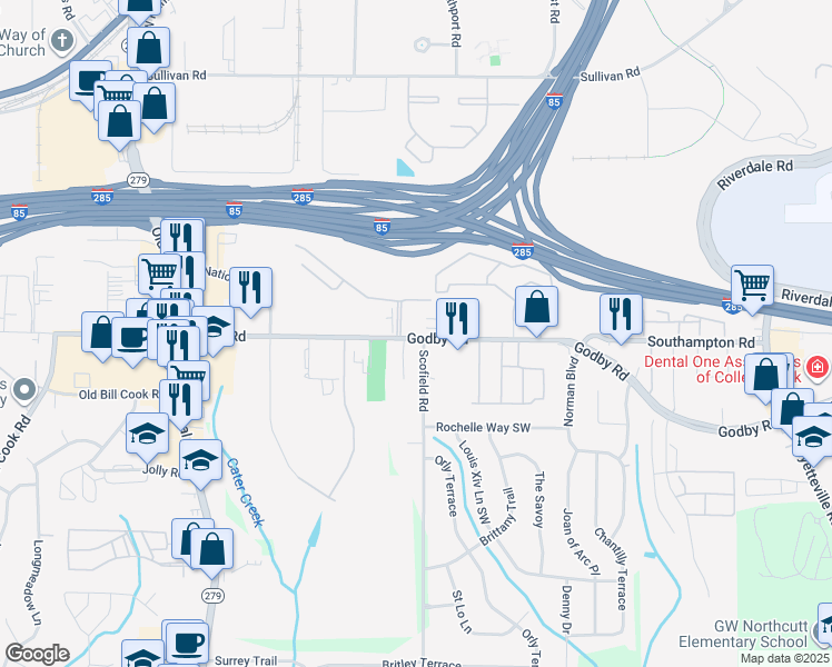 map of restaurants, bars, coffee shops, grocery stores, and more near 2299 Godby Road in Atlanta