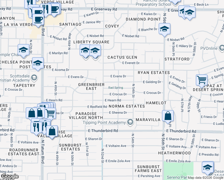 map of restaurants, bars, coffee shops, grocery stores, and more near 5237 East Winchcomb Drive in Scottsdale