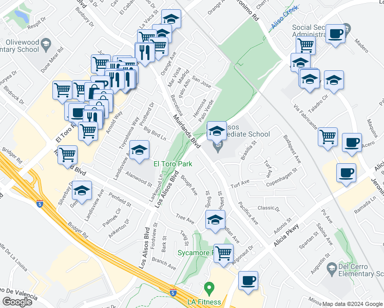 map of restaurants, bars, coffee shops, grocery stores, and more near 23805 Lindley Street in Mission Viejo