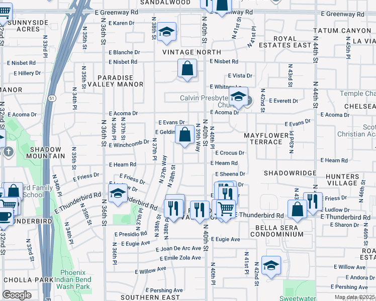 map of restaurants, bars, coffee shops, grocery stores, and more near 3834 East Crocus Drive in Phoenix