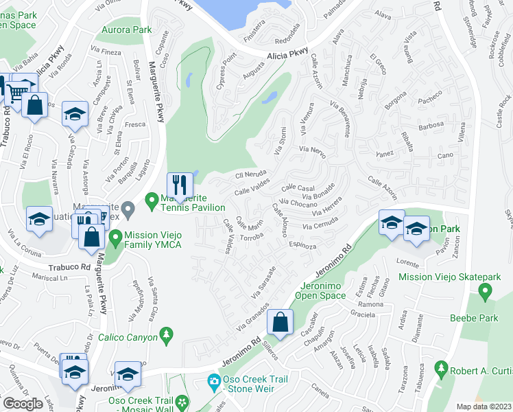 map of restaurants, bars, coffee shops, grocery stores, and more near 27881 Vía Silva in Mission Viejo