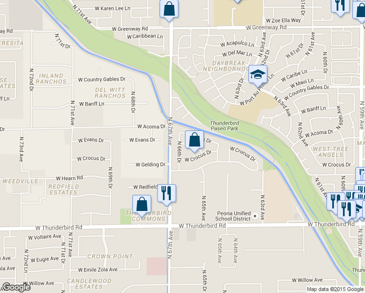 map of restaurants, bars, coffee shops, grocery stores, and more near 14327 N 66th Dr in Glendale