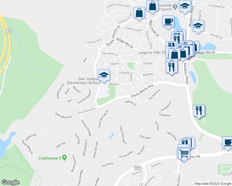 map of restaurants, bars, coffee shops, grocery stores, and more near 23811 Formello in Laguna Hills