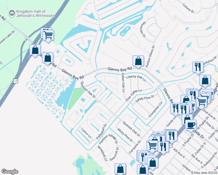 map of restaurants, bars, coffee shops, grocery stores, and more near 117 Wagon Wheel Lane in Surfside Beach