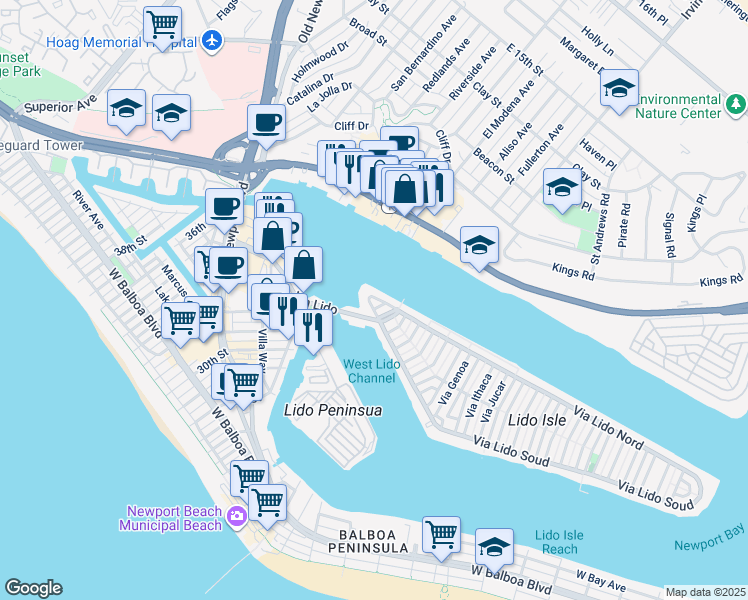 map of restaurants, bars, coffee shops, grocery stores, and more near 102 Via Lido Soud in Newport Beach