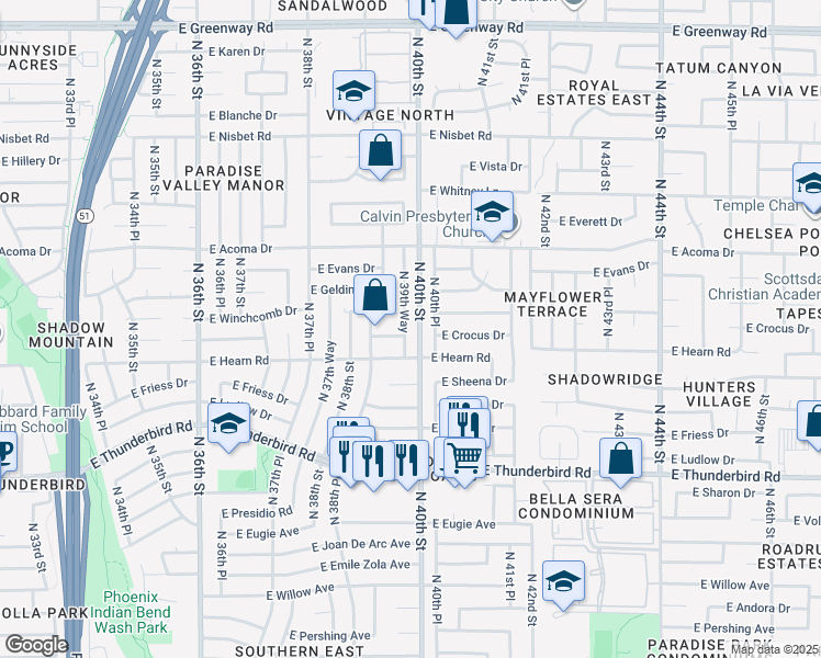 map of restaurants, bars, coffee shops, grocery stores, and more near 14225 North 39th Way in Phoenix