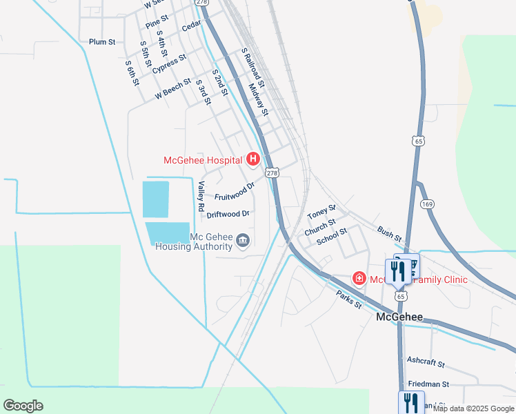 map of restaurants, bars, coffee shops, grocery stores, and more near 110 Meadow Road in McGehee