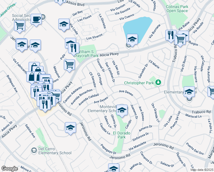 map of restaurants, bars, coffee shops, grocery stores, and more near 23841 Coronel Drive in Mission Viejo