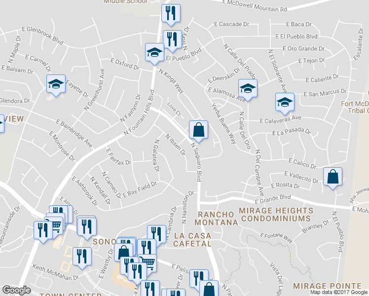 map of restaurants, bars, coffee shops, grocery stores, and more near 14249 North Ibsen Drive in Fountain Hills