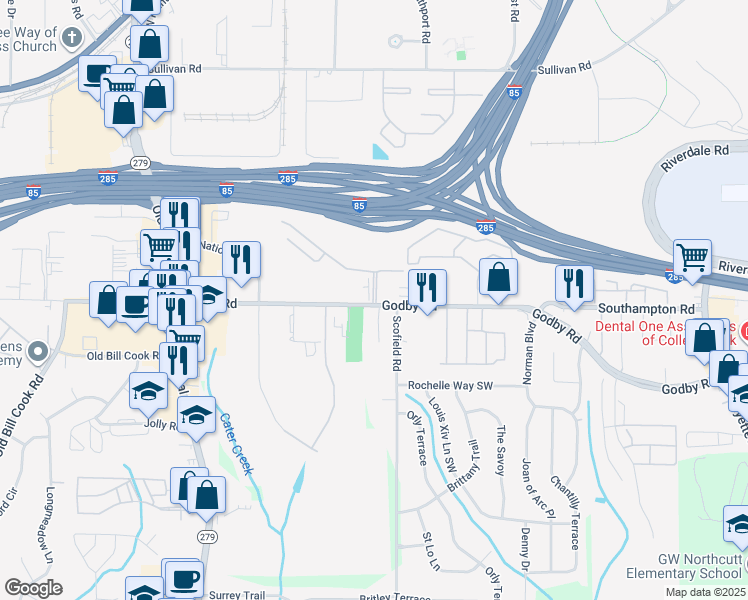 map of restaurants, bars, coffee shops, grocery stores, and more near 2299 Godby Road in Atlanta