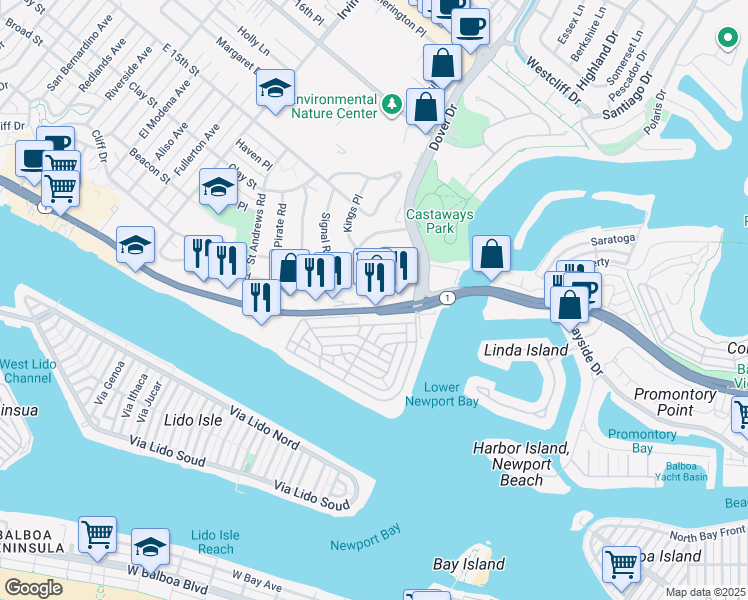 map of restaurants, bars, coffee shops, grocery stores, and more near 410 West Coast Highway in Newport Beach