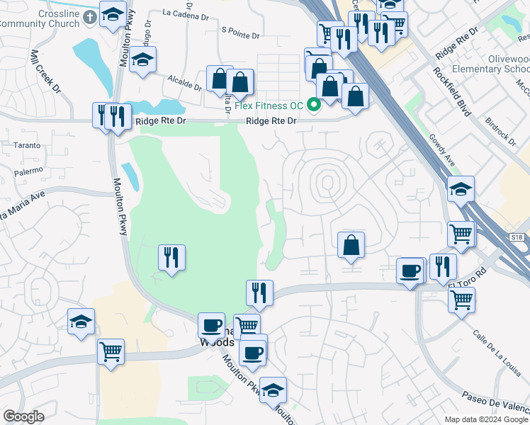 map of restaurants, bars, coffee shops, grocery stores, and more near 2392 Via Mariposa West in Laguna Woods