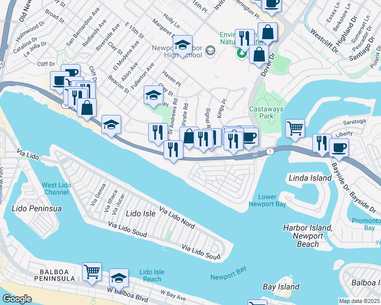 map of restaurants, bars, coffee shops, grocery stores, and more near 910 West Coast Highway in Newport Beach