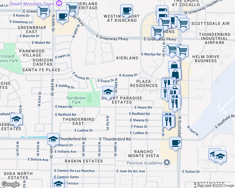 map of restaurants, bars, coffee shops, grocery stores, and more near 6804 East Winchcomb Drive in Scottsdale