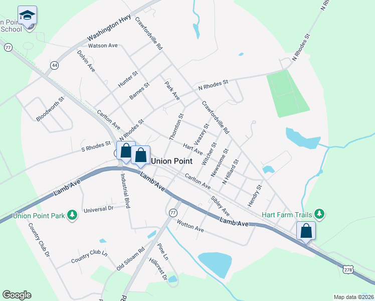 map of restaurants, bars, coffee shops, grocery stores, and more near 108 Veazey Street in Union Point