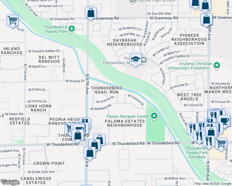 map of restaurants, bars, coffee shops, grocery stores, and more near 14310 North 64th Avenue in Glendale