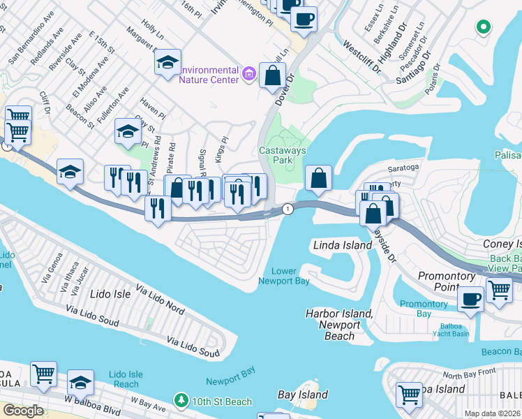 map of restaurants, bars, coffee shops, grocery stores, and more near 100 West Coast Highway in Newport Beach
