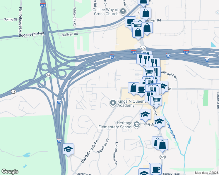 map of restaurants, bars, coffee shops, grocery stores, and more near 2861 Godby Road in College Park