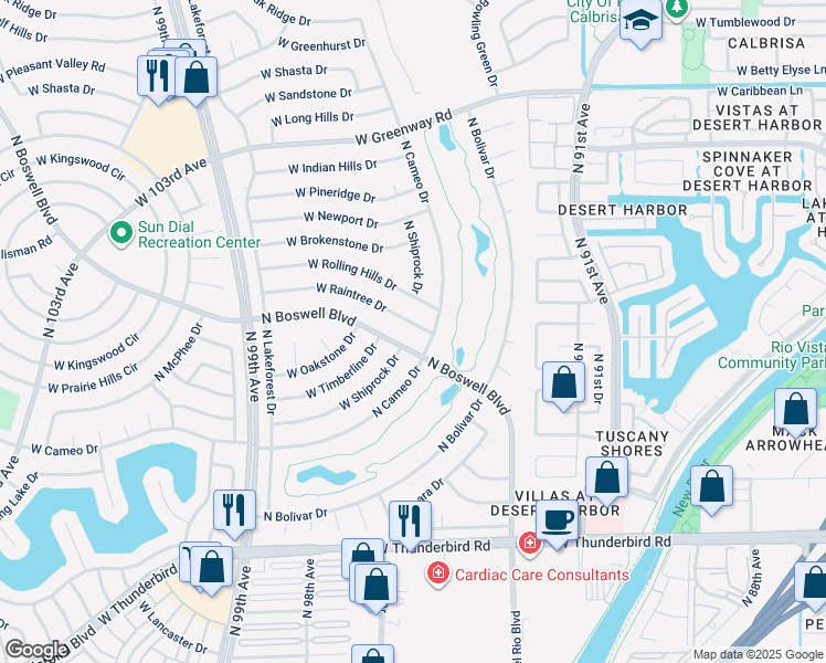 map of restaurants, bars, coffee shops, grocery stores, and more near 9409 West Raintree Drive in Sun City