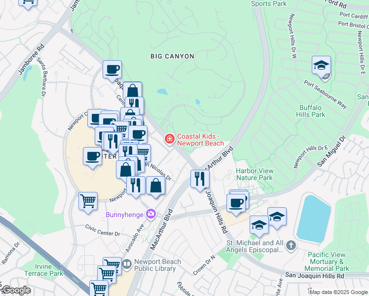 map of restaurants, bars, coffee shops, grocery stores, and more near 4 El Dorado Lane in Newport Beach