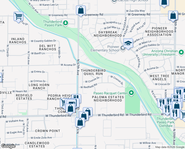 map of restaurants, bars, coffee shops, grocery stores, and more near 6510 West Gelding Drive in Glendale