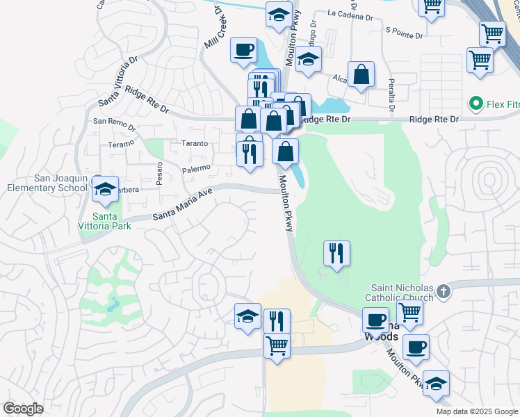 map of restaurants, bars, coffee shops, grocery stores, and more near 3107 Via Serena South in Laguna Woods