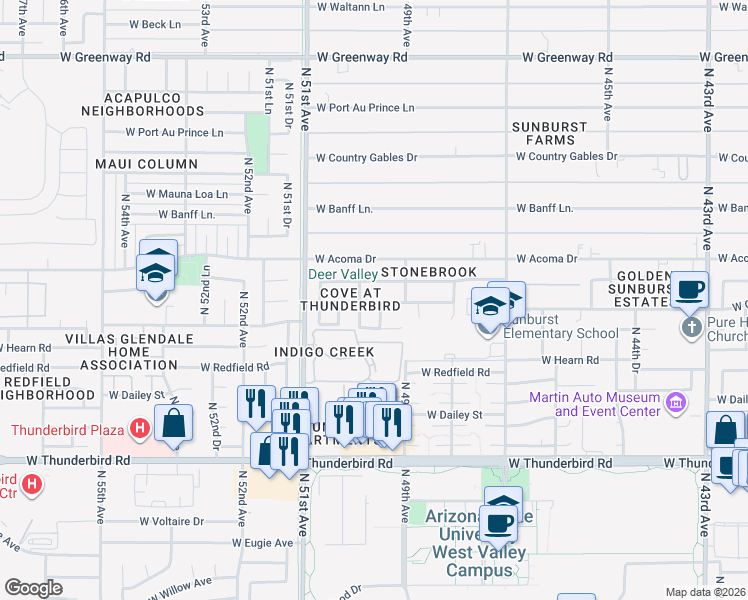 map of restaurants, bars, coffee shops, grocery stores, and more near 14254 North 49th Drive in Glendale