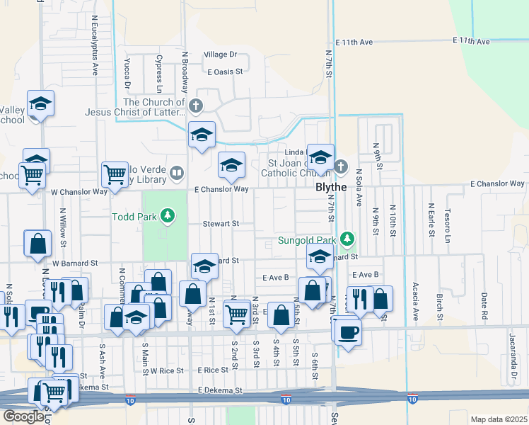 map of restaurants, bars, coffee shops, grocery stores, and more near 430 North 3rd Street in Blythe