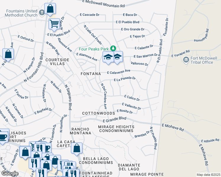 map of restaurants, bars, coffee shops, grocery stores, and more near 14228 North Silverado Drive in Fountain Hills