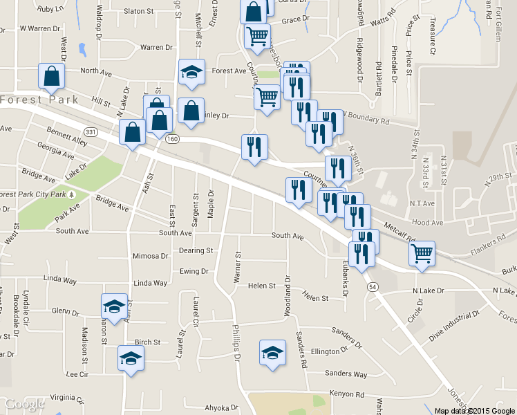 map of restaurants, bars, coffee shops, grocery stores, and more near 5052 Lorraine Place in Forest Park