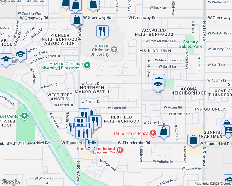 map of restaurants, bars, coffee shops, grocery stores, and more near 5615 West Acoma Drive in Glendale